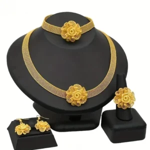 زوج واحد من الأقراط + 1 قلادة + 1 سوار + 1 خاتم مجموعة مجوهرات الزفاف التقلي