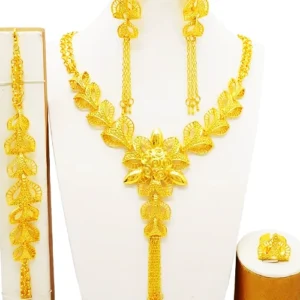مجموعة مجوهرات فاخرة معقوفة من الزهور والأوراق مجموعة مجوهرات تقليدية ذهبية مصنوعة من سبيكة فاخرة مطلية بالذهب عيار 24 قيراطًا عقد وسوار وخاتم وأقراط زفاف وارتداء يومي